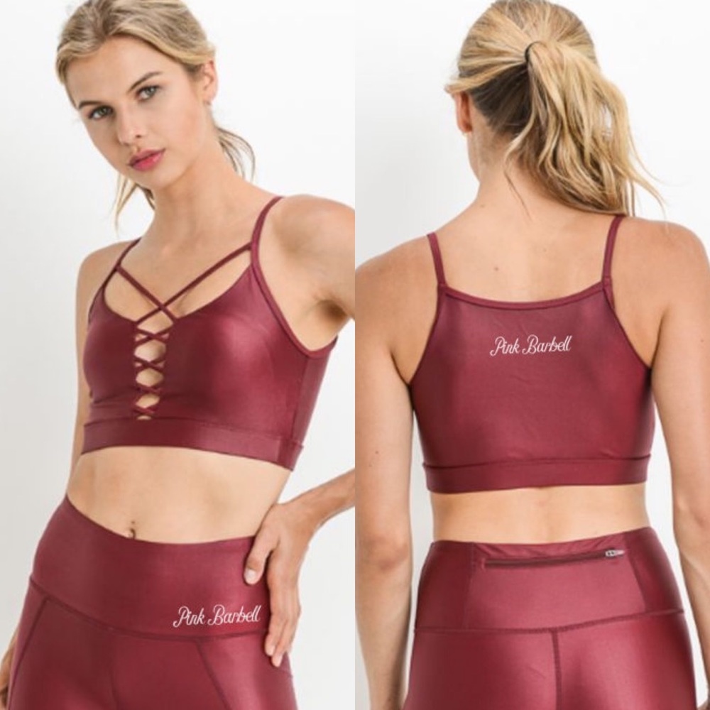 LAST CALL Burgundy Shiny Sports Bra from Pink Barbell